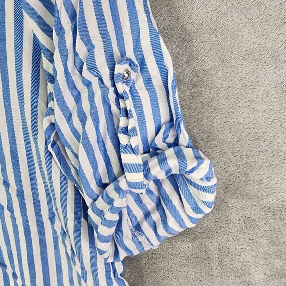 Womens Petite Ruby Rd. Blue & White Striped Blouse Top Rolled Tab Sleeve Size PL - Picture 3 of 9
